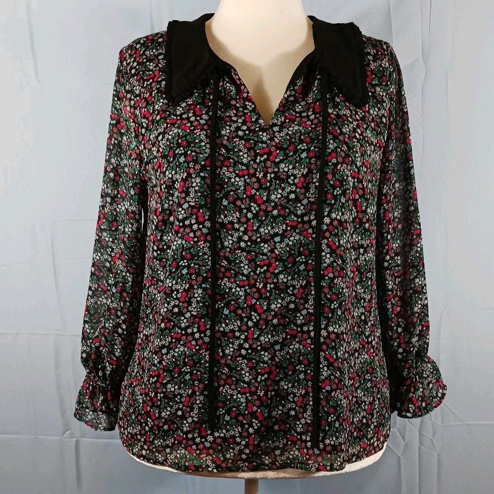 CeCe Blouse Women XL Multi Floral Collar with Tie Lined Ruffled Sleeves Chiffon